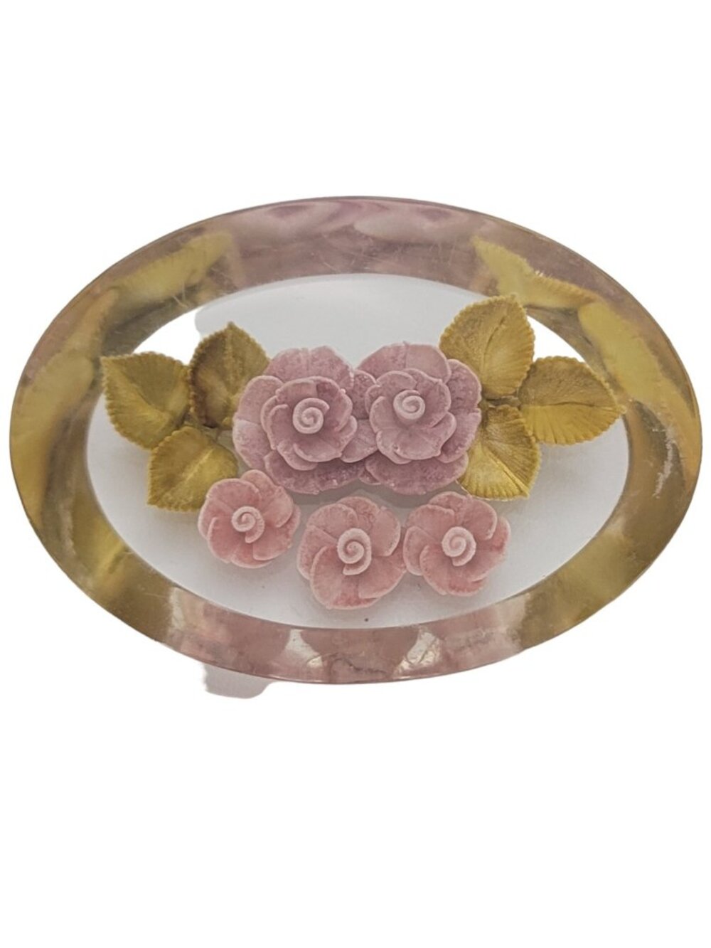 Vintage Clear Lucite Resin Reversed Carved Pink Rose Flower Oval Brooch Pin E269